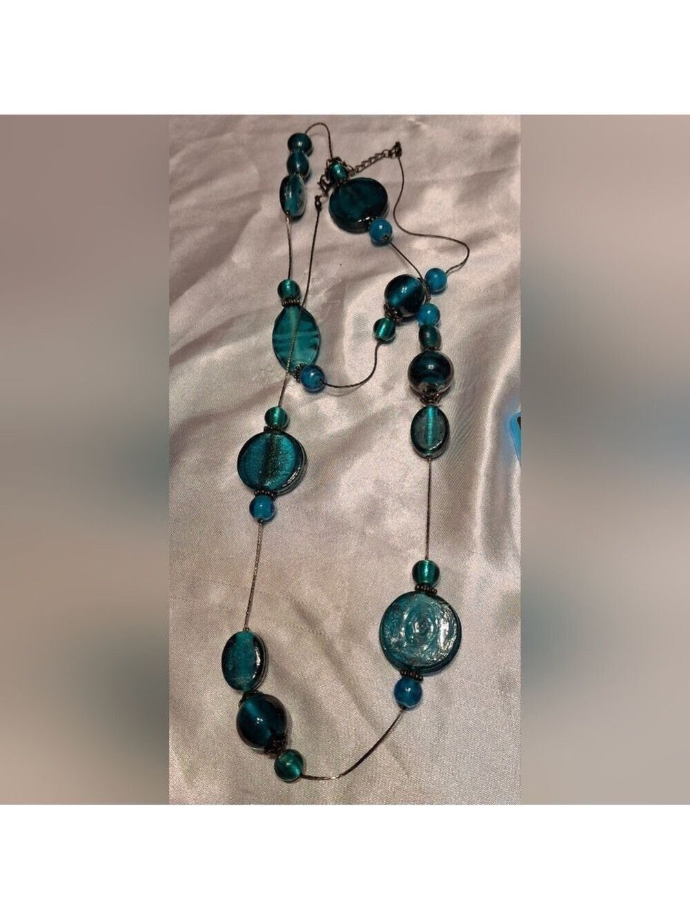 Teal Blue Glass Beaded Necklace 40"
